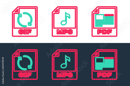 Set line PDF file document, GIF and MP3 icon. Vector