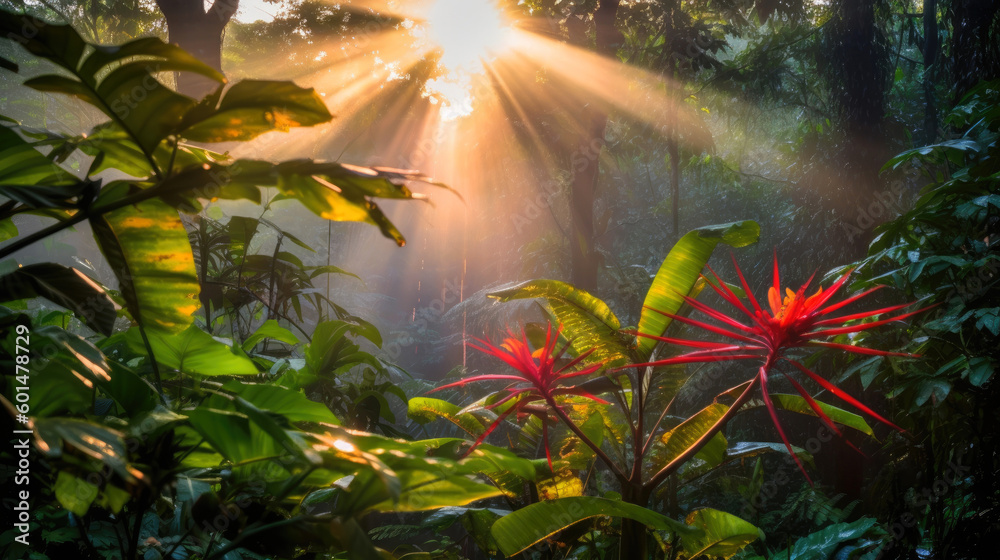 Fototapeta premium Sun rays after rain in a tropical forest. Generative AI