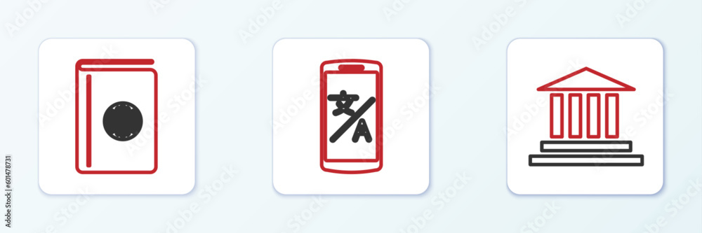 Set line Museum building, Cover book travel guide and Online translator icon. Vector Set line Museum building, Cover book travel guide and Online translator icon. Vector
