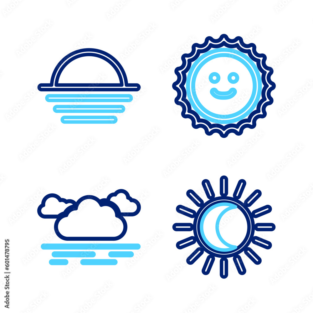Set line Eclipse of the sun, Cloud, Sun and Sunset icon. Vector Set line Eclipse of the sun, Cloud, Sun and Sunset icon. Vector