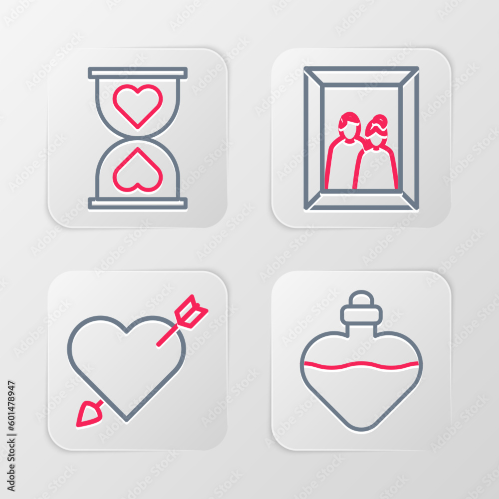 Set line Bottle with love potion, Amour heart and arrow, Picture frame and Heart in the center hourglass icon. Vector