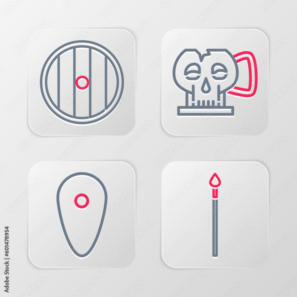 Set line Medieval spear, Shield, Cup from the skull and Round wooden shield icon. Vector