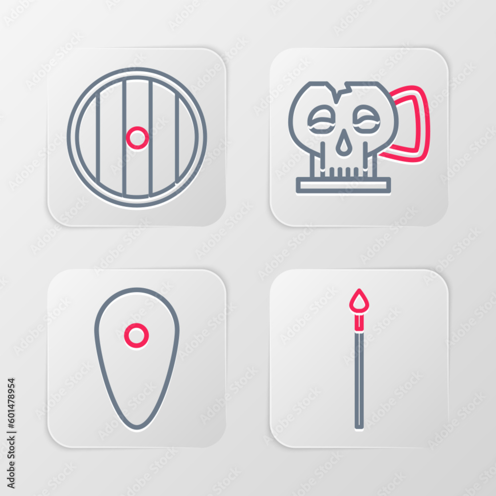 Set line Medieval spear, Shield, Cup from the skull and Round wooden shield icon. Vector Set line Medieval spear, Shield, Cup from the skull and Round wooden shield icon. Vector