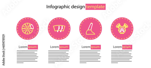 Set line Car handbrake, engine, Windscreen wiper and disk with caliper icon. Vector