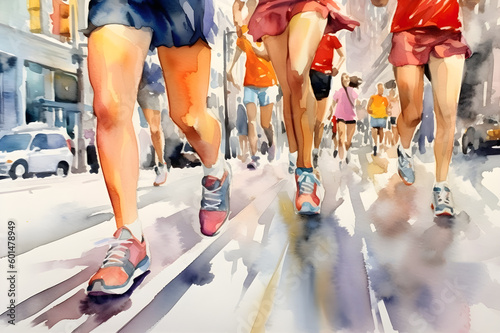 Watercolor Painting of Close-up of a Group of Runners Legs in a Road Race, Generative AI