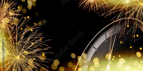 Elegant gold and black background with fireworks, flashes of light and a large clock with its hands marking almost 12 o'clock. Background for birthday celebrations, big events, 4th of July or New Year