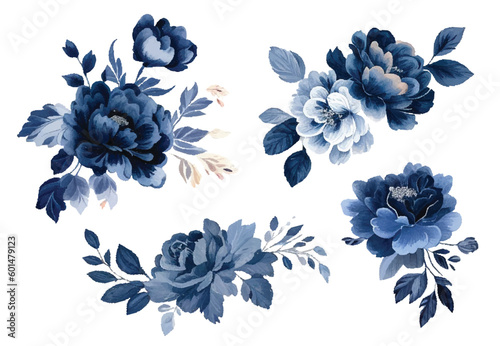 Set of floral branch. Flower navy blue rose, leaves. Wedding concept with flowers. Floral poster, invite. Vector arrangements for greeting card or invitation design