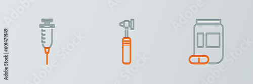 Set line Medicine bottle and pills, Syringe and Medical otoscope tool icon. Vector