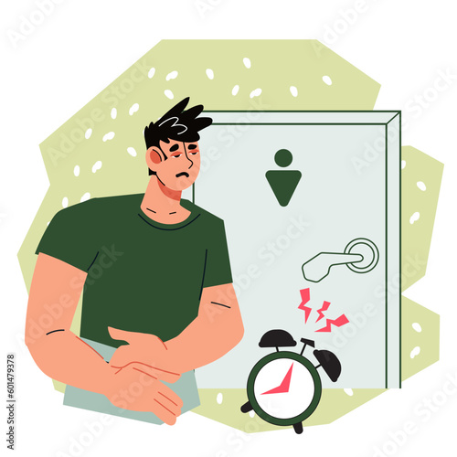 Urge to have a bowel movement or urinate, flat cartoon vector illustration isolated on white background. Man waiting at toilet door feeling discomfort with full bladder or stomach.