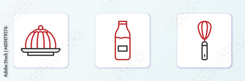 Set line Kitchen whisk, Pudding custard and Bottle with milk icon. Vector