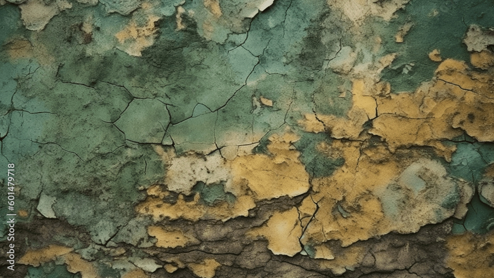 Obraz premium Brown green old concrete wall surface. Dark olive color. Close - up. Rough background for design. Distressed, cracked, broken, crumbled