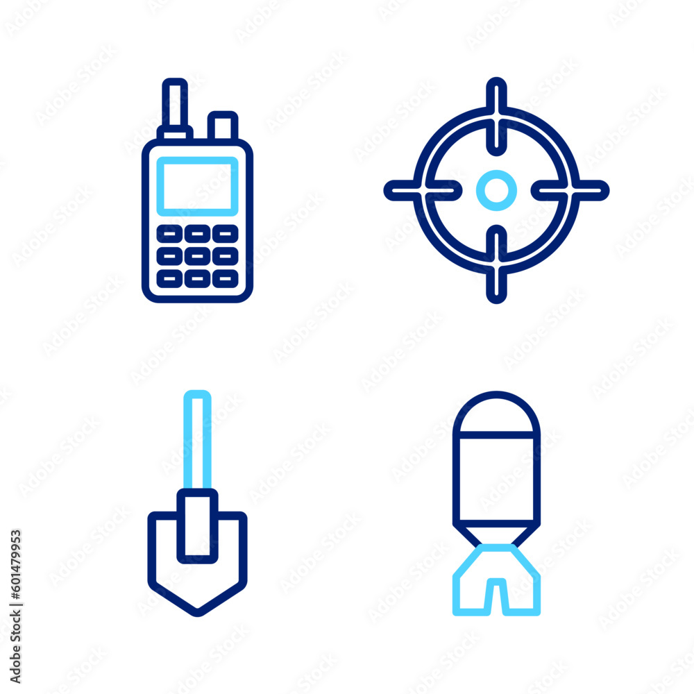 Set line Rocket launcher, Shovel, Target sport and Walkie talkie icon. Vector Set line Rocket launcher, Shovel, Target sport and Walkie talkie icon. Vector