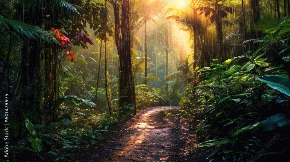 Obraz premium Sun rays after rain in a tropical forest. Generative AI