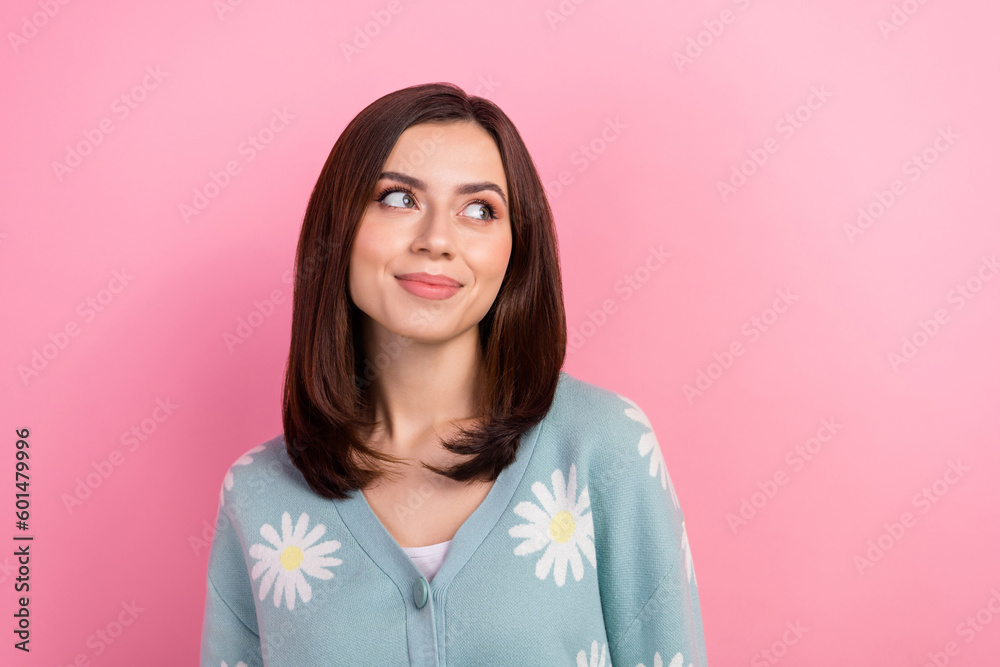 Fototapeta premium Photo of adorable lady look side watch advertisement poster dreamer wear print cardigan isolated pink color background