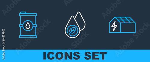 Set line Solar energy panel, Bio fuel barrel and Water icon. Vector