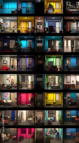 Close-up of a colorful residential building with lattice balconies