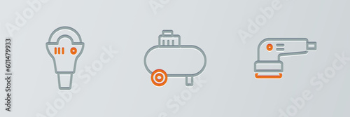Set line Electric sander, Angle grinder and Air compressor icon. Vector