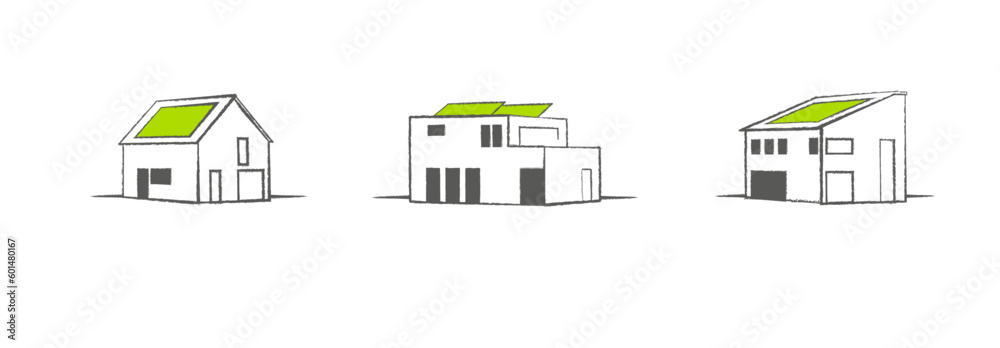 Set Icons, minimalistische Darstellung von Häusern mit Solaranlage.  Giebel- , Pult-,  Flachdach mit Solarpaneelen. Vektor Zeichnung