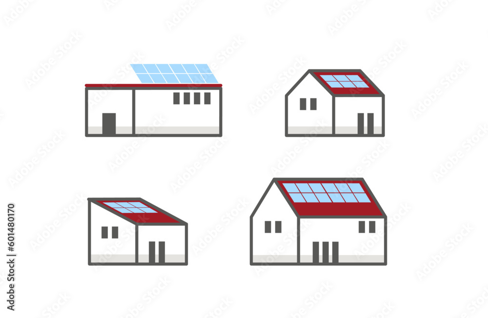 Set icons, minimalistic illustration of houses with solar system. Gable, pent, flat roof with solar panels. Isolated vector.