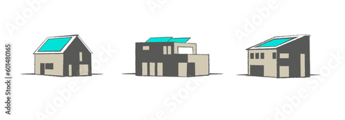 Set Icons, minimalistische Darstellung von Häusern mit Solaranlage.  Giebel- , Pult-,  Flachdach mit Solarpaneelen. Vektor Zeichnung photo