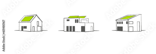 Set Icons, minimalistische Darstellung von Häusern mit Solaranlage.  Giebel- , Pult-,  Flachdach mit Solarpaneelen. Vektor Zeichnung photo