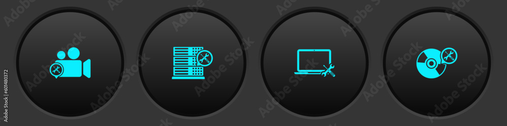 Set Video camera service, Database server, Laptop and CD or DVD disk icon. Vector Set Video camera service, Database server, Laptop and CD or DVD disk icon. Vector