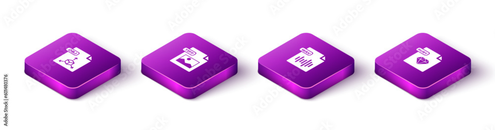 Set Isometric OBJ file document, TIFF, WAV and RUBY icon. Vector Set Isometric OBJ file document, TIFF, WAV and RUBY icon. Vector