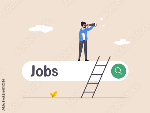 Career or job search concept. Looking for new job, employment, ind opportunity, seek for vacancy or work position. businessman climb up ladder of job search bar with binoculars to see opportunity.