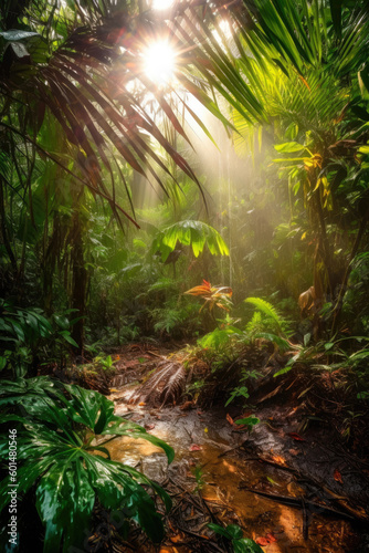 Sun rays after rain in a tropical forest. Generative AI