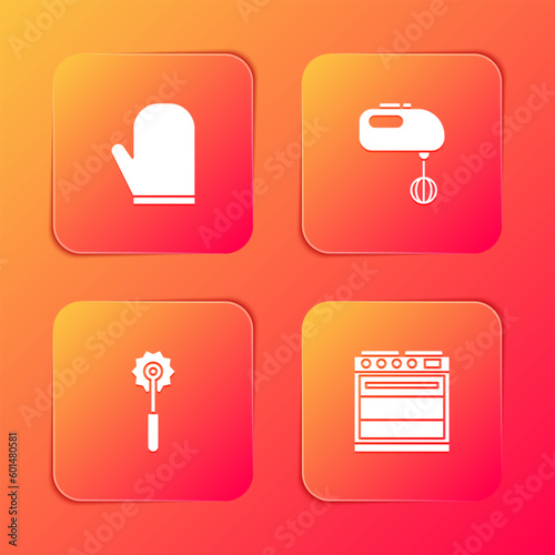 Set Oven glove, Electric mixer, Pizza knife and icon. Vector