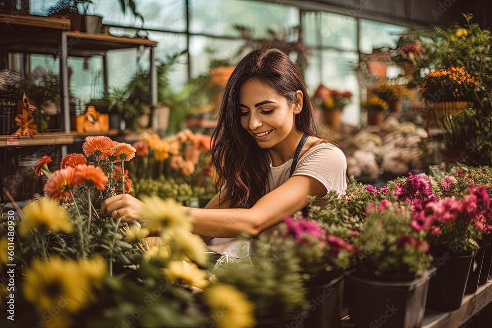 Happy Hispanic woman working in flower garden shop. Generative AI Happy Hispanic woman working in flower garden shop. Generative AI
