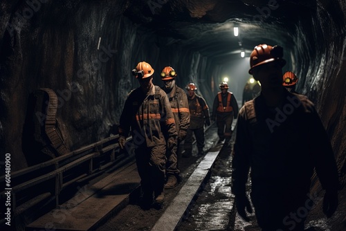 Coal miners walking through the tunnel in a mine. Generative AI