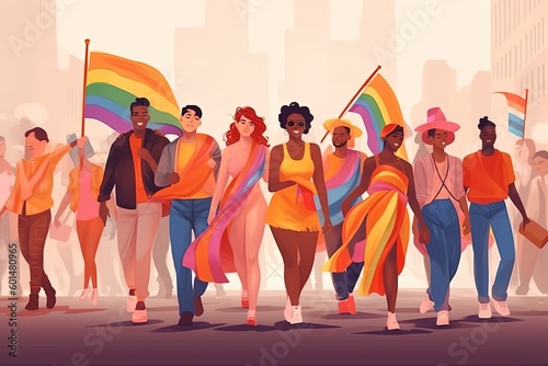 Young people dressed in colorful clothes, carrying pride flags, celebrating in the pride month in the streets, generative ai