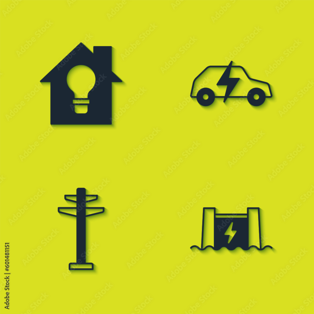 Set Smart house and light bulb, Hydroelectric dam, Electric tower and car icon. Vector Set Smart house and light bulb, Hydroelectric dam, Electric tower and car icon. Vector