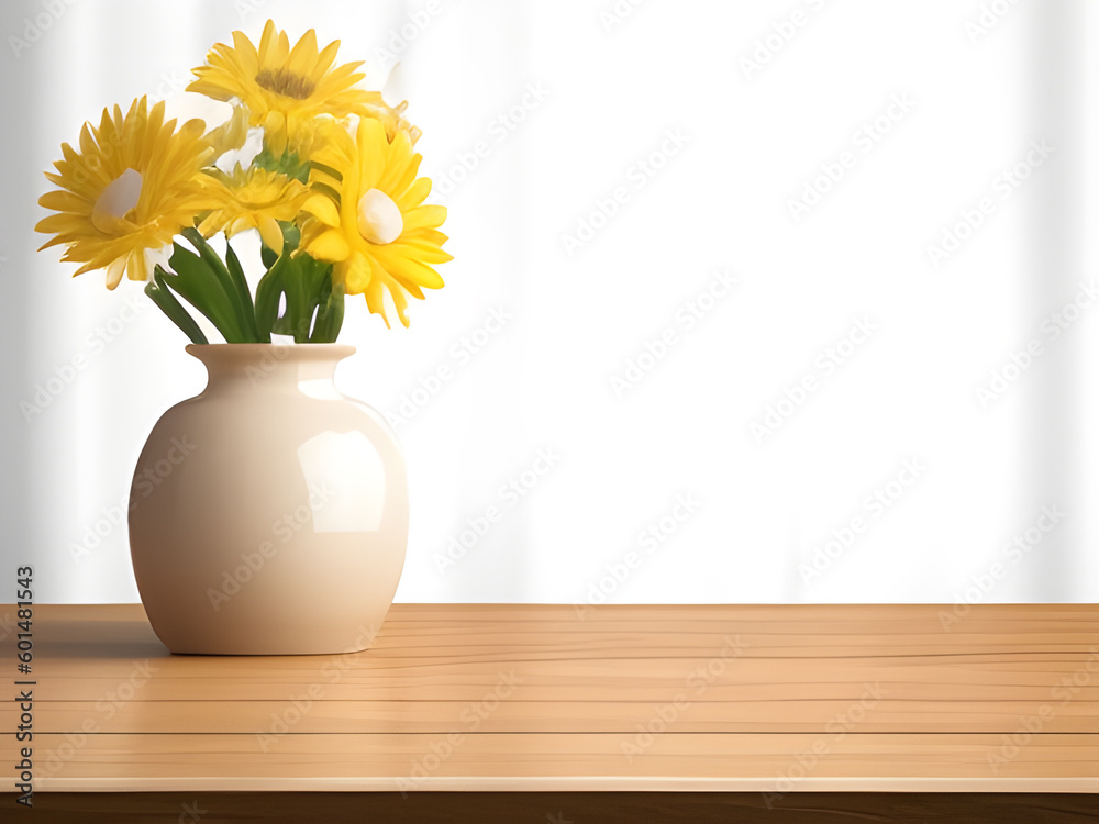 Yellow flowers in a vase on table with white background Yellow flowers in a vase on table with white background