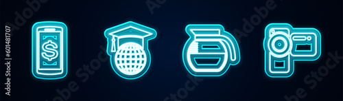 Set line Smartphone with dollar, Graduation cap globe, Coffee pot and Cinema camera. Glowing neon icon. Vector