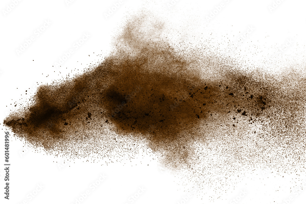 Deep Brown particles splattered on white background. Brown dust splash.