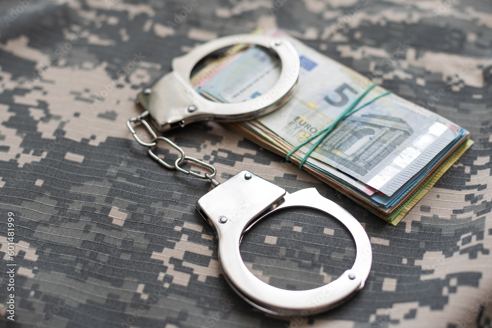 military uniform and handcuffs, money. War criminal, criminal liability of military personnel, bribe taker military uniform and handcuffs, money. War criminal, criminal liability of military personnel, bribe taker