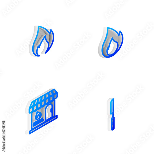 Set Isometric line Fire flame    Barbecue shopping building and knife icon. Vector