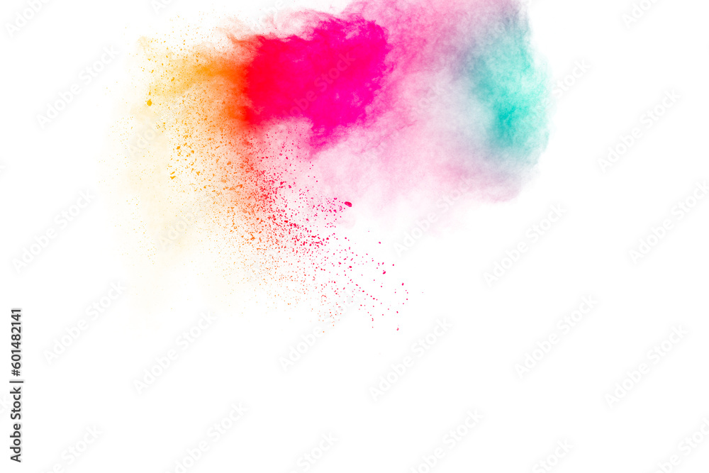 Multicolored powder explosion on white background.