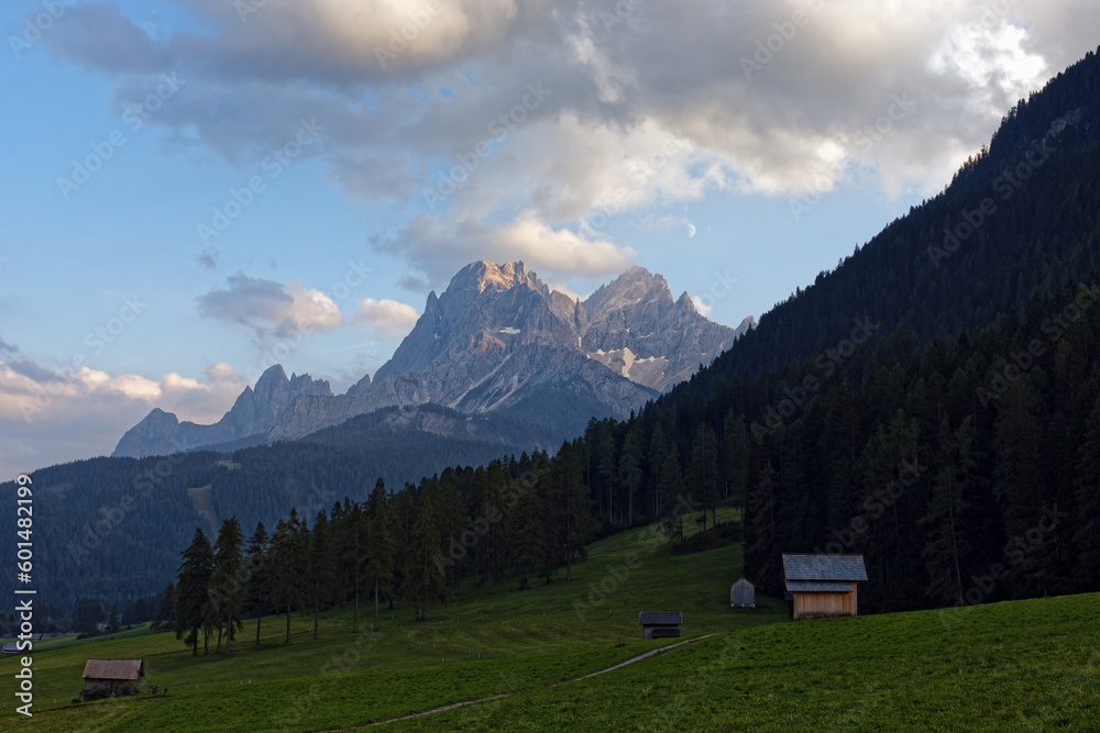 View to the mountains of the famous Sesto Dolomites in the evening, Alps, south tyrol, Italy, Europe