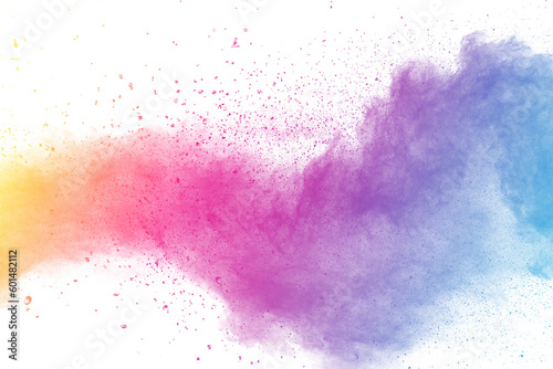 Multi color powder explosion on white background.