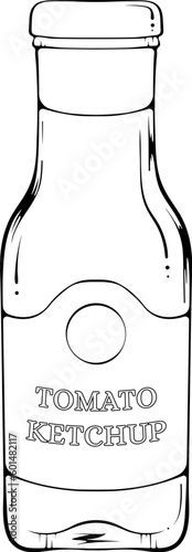 Glass bottle with ketchup sauce. Vector illustration in hand drawn sketch doodle style. Line art tomato sauce in a bottle isolated on white. Element for coloring book, design, print.