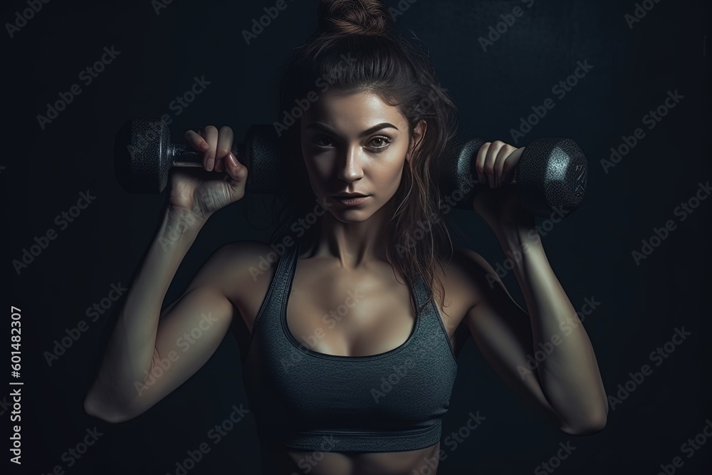 Athletic girl working out with dumbbells on gray background. Fitness woman doing exercise, Generative AI Technology Athletic girl working out with dumbbells on gray background. Fitness woman doing exercise, Generative AI Technology