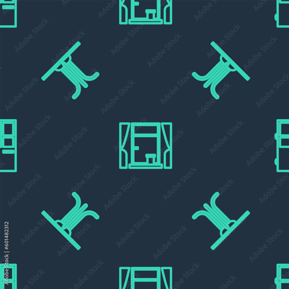 Set line Window with curtains, Round table and Closed door on seamless pattern. Vector