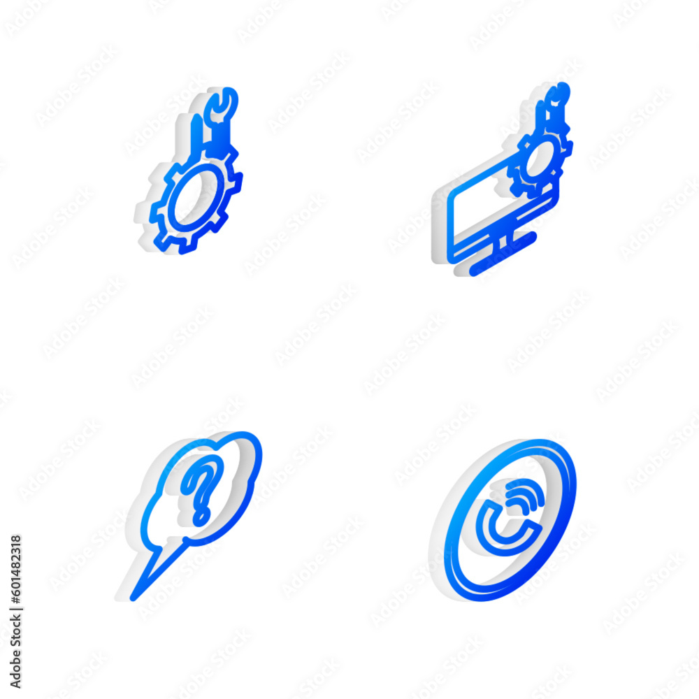 Set Isometric line Computer monitor service, Wrench and screwdriver in gear, Speech bubble Question and Phone call icon. Vector