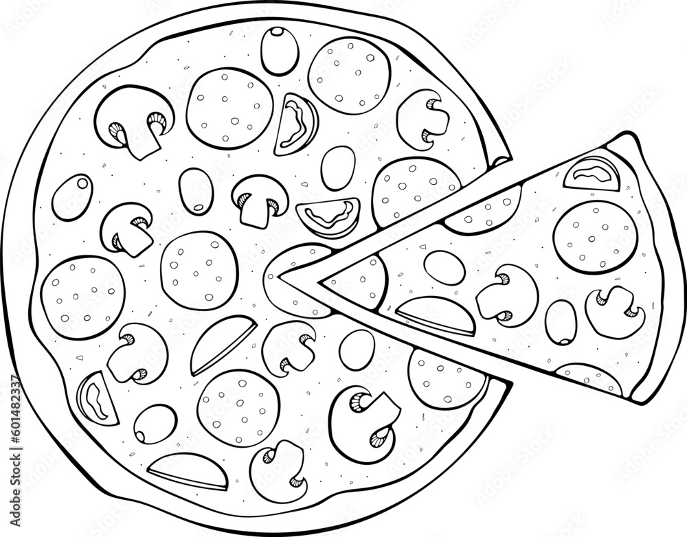 Whole Pizza with cut piece. Traditional Italian food with mushrooms, sausage. Vector illustration in hand drawn sketch doodle style. Line art fact food isolated on white. Design for coloring book Whole Pizza with cut piece. Traditional Italian food with mushrooms, sausage. Vector illustration in hand drawn sketch doodle style. Line art fact food isolated on white. Design for coloring book