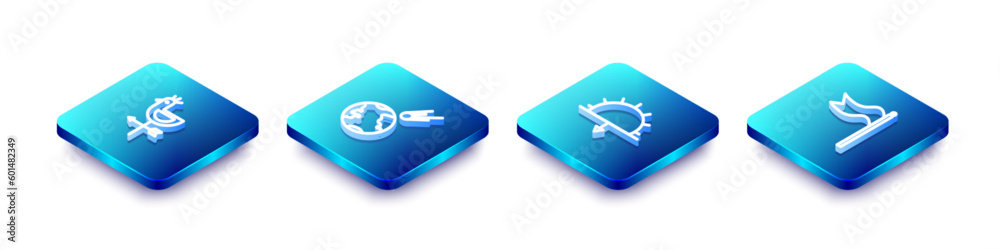 Set Isometric line Rooster weather vane, Comet falling down fast, Sunset and Meteorology windsock wind icon. Vector Set Isometric line Rooster weather vane, Comet falling down fast, Sunset and Meteorology windsock wind icon. Vector
