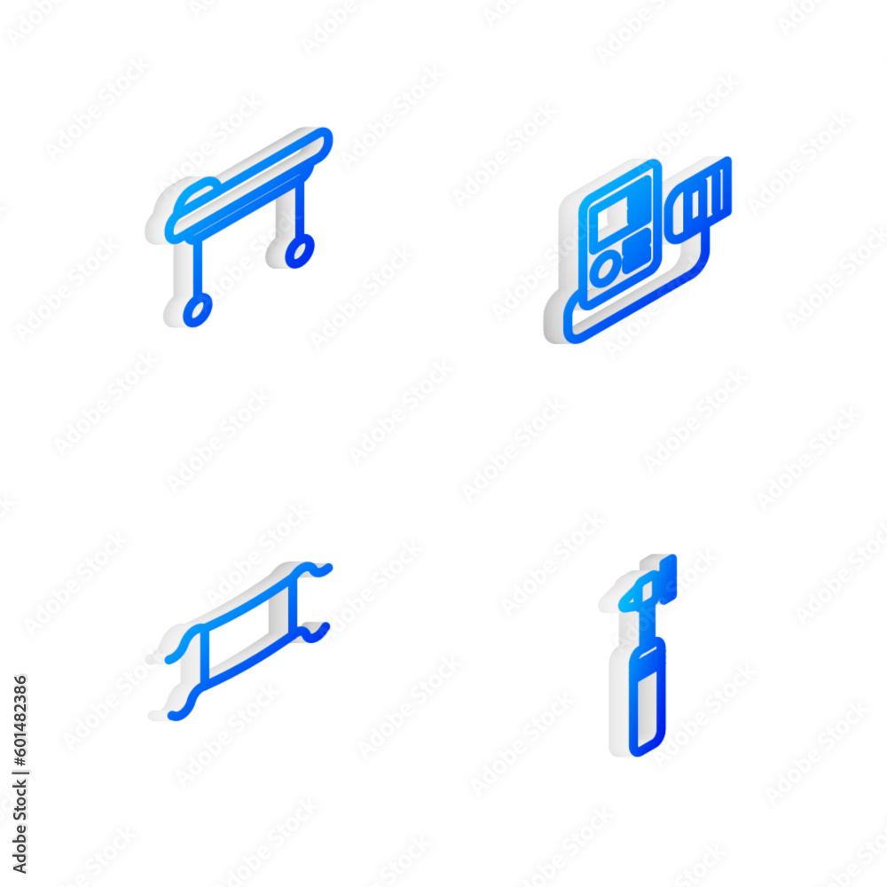 Set Isometric line Blood pressure, Stretcher, Medical protective mask and otoscope tool icon. Vector