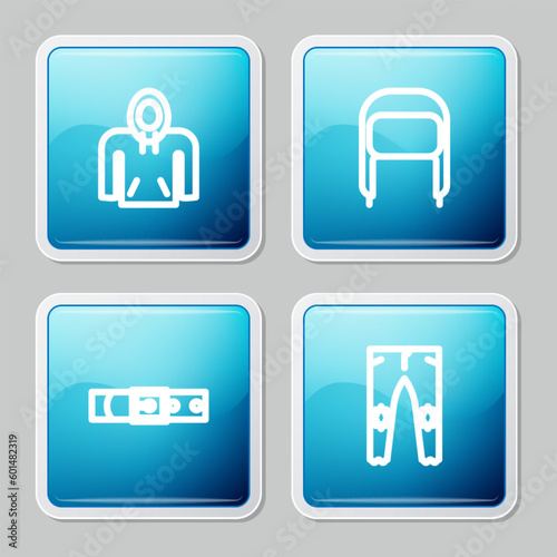Set line Hoodie, Winter hat with ear flaps, Leather belt and Pants icon. Vector